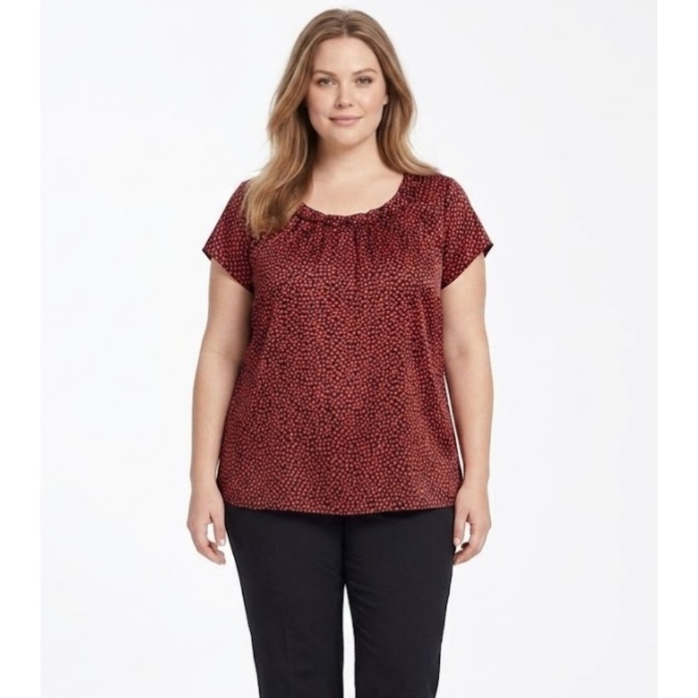 Coldwater Creek size 2X Black Red Polka Dot Ruffle Neck Short Sleeve Blouse